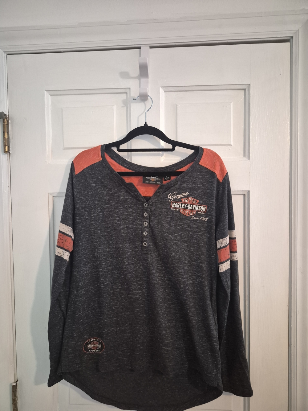 Harley-Davidson Genuine Henley Top Gray Orange Rhinestone Biker Longsleeve- M